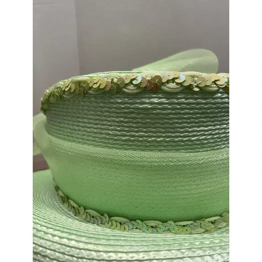 Bright Green Kentucky Derby Hat: Flower Embellishment Sweeping Mesh Loop Sequins
